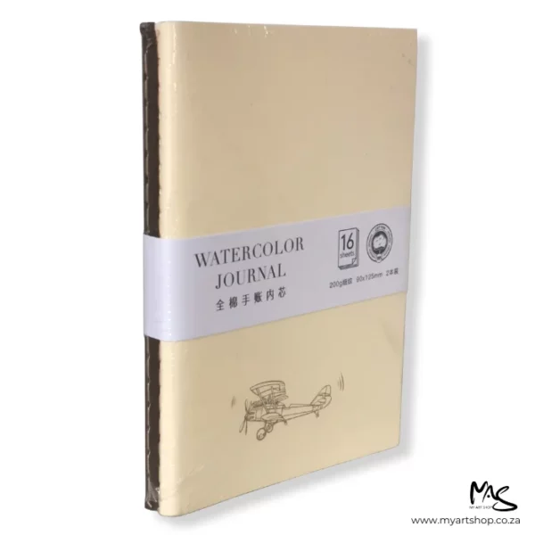 The image shows a Hot Press Potentate Potentate Watercolour Journal with a Beige Cover at an angled profile so you can see the stitched spine and front cover, in the center of the frame. The image is on a white background