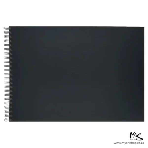 A single Prime Art Academy Sketch Book Landscape is shown in the center of the frame. It has a black cover and a black spiral bind down the short side, which is shown along the left hand side of the frame. The image is center of the frame and on a white background.