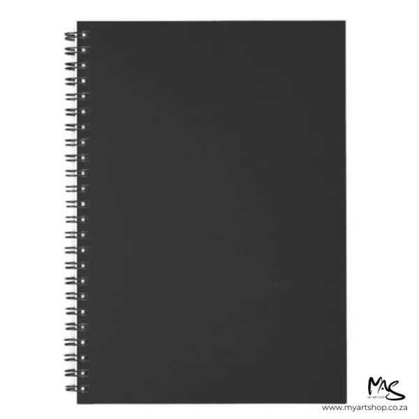 A single Prime Art Creative Journal is shown in the center of the frame. The cover is black and there is black wire binding down the left hand side of the journal. The book is portrait and is center of the frame on a white background.