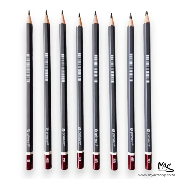 Prime Art Graphite Pencil Set. 8 pencils are sitting vertically across the center of the frame. The pencils are laying next to one another and each pencil has a light grey drop shadow. The pencils have a maroon tip with the grade printed in white and a dark grey barrel. The are center of the frame and on a white background.