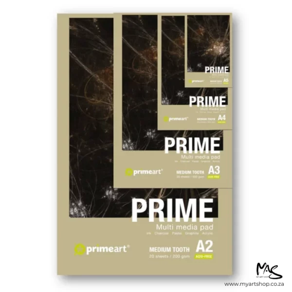 There are 4 different sized Prime Art Multi Media Pads shown in the frame. The largest one is shown at the back of the frame with the next size down on top of it. The smallest size is on top. Each pad has an abstract image printed on the cover and is surrounded by a green background with white text describing the qualities of the 200gsm pad. The image is center of the frame and on a white background.
