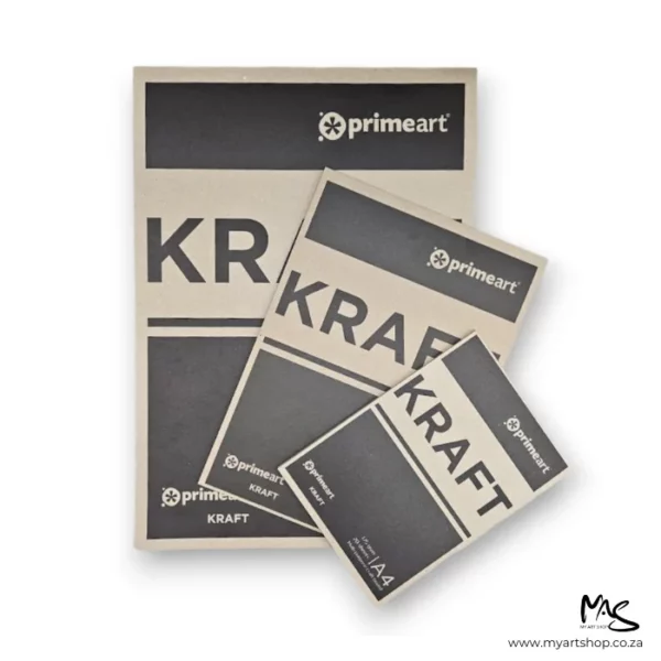 There are 3 Prime Art Kraft Pads shown in a fan shape in the center of the frame. The pads are kraft in colour with black text. The image is center of the frame and on a white background.