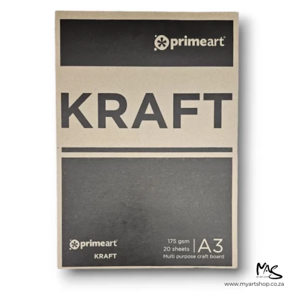 There is a single Prime Art Kraft Pad in the center of the frame. The image shows the cover of the pad. The cover if kraft in colour and has black printed spaces and there is black and kraft coloured text on the pad, describing the qualities of the pad. The image is center of the frame and on white background.