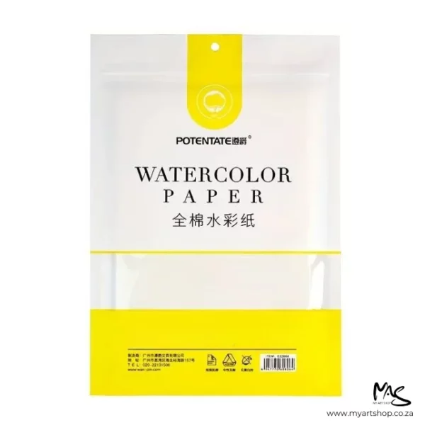 There is a single pack of Large Rough Potentate Watercolour Paper in the center of the frame. The view is 'front on', of the front of the packaging. The paper is inside the plastic packet. The packet is printed with a band of yellow along the base of the packet and the rest of the packet is white. There is text on the packet describing the contents of the bag. The image is center of the frame and on a white background.