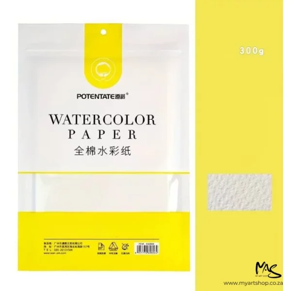 There is a pack of Rough Potentate Watercolour Paper shown from a 'front on' view, along the left hand side of the frame. The paper is inside the plastic packet. The packet is printed with a band of yellow along the base of the packet and the rest of the packet is white. There is text on the packet describing the contents of the bag. There is a yellow vertical strip down the right hand side of the frame with a white block towards the bottom that shows the texture of the paper. On a white background.