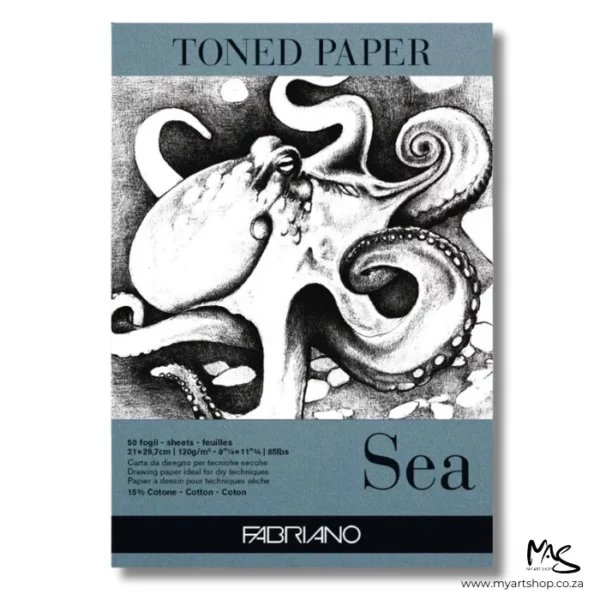 The front cover of a Sea Fabriano Toned Paper Pad is shown in the center of the frame. The pad has a colour tab at the top and at the bottom of the pad which indicates the colour of the paper inside the pad. There is an image of an octopus on the cover of the pad which is drawn in black. The pad is on a white background.