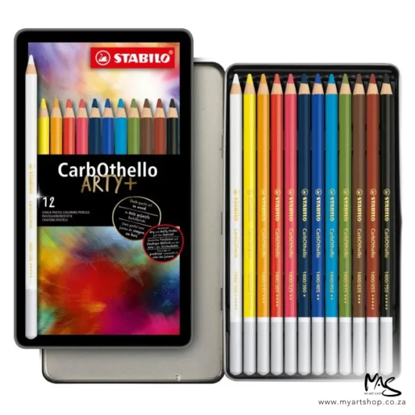 A Stabilo CarbOthello Chalk Pastel Pencil Set of 12 is shown in the frame. The set is open and you can see the 1 tray of pencils that fit inside the tin, as well as the cover of the tin which is shown at the top of the frame. The image is center of the frame and on a white background.