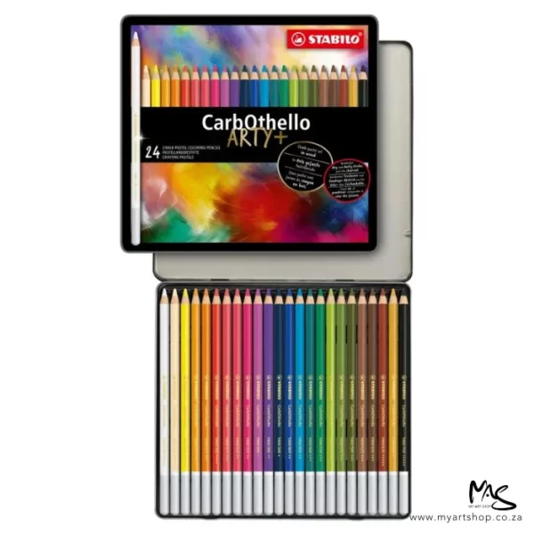 A Stabilo CarbOthello Chalk Pastel Pencil Set of 24 is shown in the frame. The set is open and you can see the 1 tray of pencils that fit inside the tin, as well as the cover of the tin which is shown at the top of the frame. The image is center of the frame and on a white background.