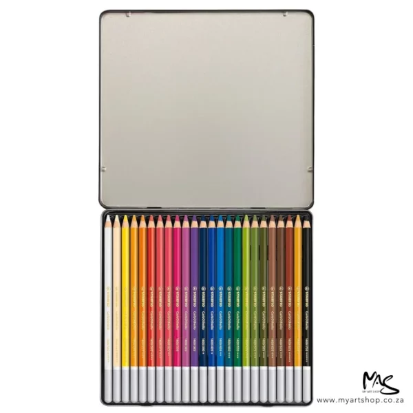 A single Stabilo CarbOthello Chalk Pastel Pencil Set of 24 can be seen open, in the center of the frame. The hinged metal lid is facing the top of the frame and the pencils can be seen, lined up next to each other, in the bottom of the tin. The pencils have different coloured barrels and the lead matches the colour of the barrel for easy identification. The ends of the pencils are dipped in a grey colour. The image is center of the frame and on a white background.