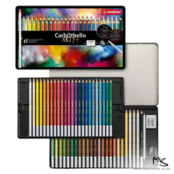 A Stabilo CarbOthello Chalk Pastel Pencil Set of 48 is shown in the frame. The set is open and you can see the 2 trays of pencils that fit inside the tin, as well as the cover of the tin which is shown at the top of the frame. The image is center of the frame and on a white background.
