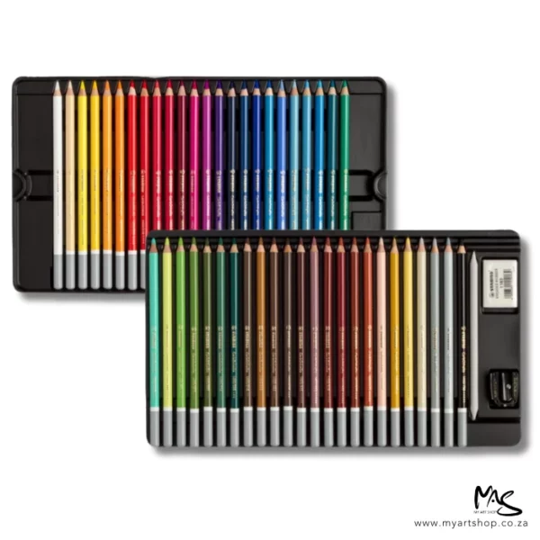 Two trays of pencils from the Stabilo CarbOthello Chalk Pastel Pencil Set of 48 can be seen in the frame. The pencils are lined up next to each other. The pencils are different colours and the ends of all the pencils are dipped in a grey colour. The image is center of the frame and on a white background.