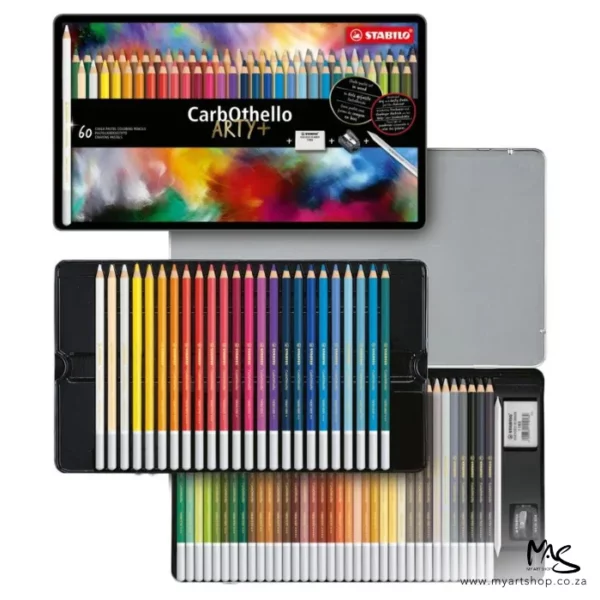 A Stabilo CarbOthello Chalk Pastel Pencil Set of 60 is shown in the frame. The set is open and you can see the 2 trays of pencils that fit inside the tin, as well as the cover of the tin which is shown at the top of the frame. The image is center of the frame and on a white background.