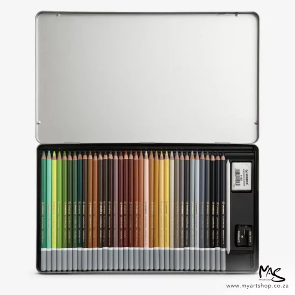 An open Stabilo CarbOthello Chalk Pastel Pencil Set of 60 is shown in the center of the frame. The hinged tin lid is flipped up towards the top of the frame, and the tray of pencils can be seen in the base of the tray. On a white background.