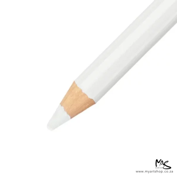 A close up of the tip of a Stabilo CarbOthello White Chalk Pastel Pencil. The pencil is coming in diagonally from the top right hand corner of the frame and the lead tip is pointing towards the bottom left hand corner of the frame. The pencil barrel is white and the lead is white. The image is center of the frame and on a white background.