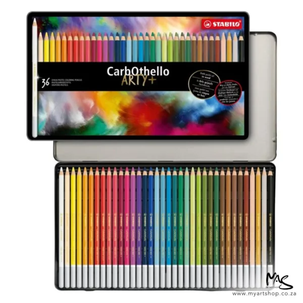 A Stabilo CarbOthello Chalk Pastel Pencil Set of 36 is shown in the frame. The set is open and you can see the 1 tray of pencils that fit inside the tin, as well as the cover of the tin which is shown at the top of the frame. The image is center of the frame and on a white background.