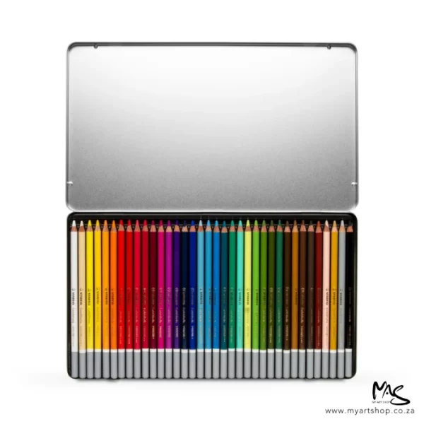 A single Stabilo CarbOthello Chalk Pastel Pencil Set of 36 can be seen open, in the center of the frame. The hinged metal lid is facing the top of the frame and the pencils can be seen, lined up next to each other, in the bottom of the tin. The pencils have different coloured barrels and the lead matches the colour of the barrel for easy identification. The ends of the pencils are dipped in a grey colour. The image is center of the frame and on a white background.