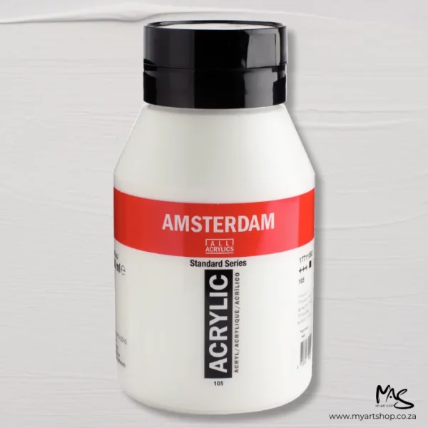 There is a single tub of Titanium White Amsterdam Acrylic Paint 1000ml in the center of the frame. The jar is a clear plastic and you can see the white paint through the jar. There is a red band across the top of the jar with the logo printed in white. There is black text around the jar. The jar has a black, flip top, plastic lid. The image is center of the frame and on a white painted background.