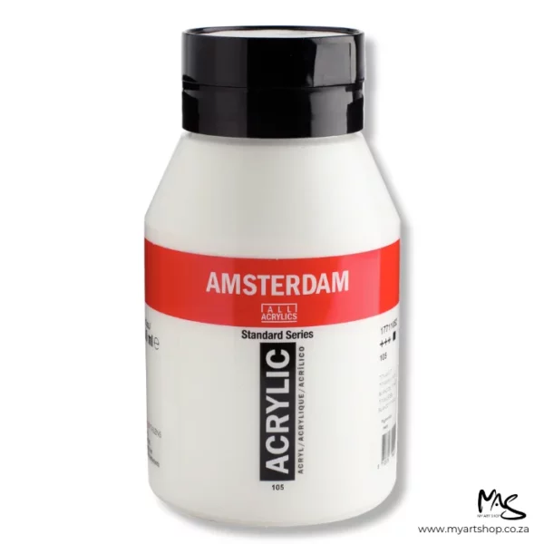 There is a single tub of Titanium White Amsterdam Acrylic Paint 1000ml in the center of the frame. The jar is a clear plastic and you can see the white paint through the jar. There is a red band across the top of the jar with the logo printed in white. There is black text around the jar. The jar has a black, flip top, plastic lid. The image is center of the frame and on a white background.