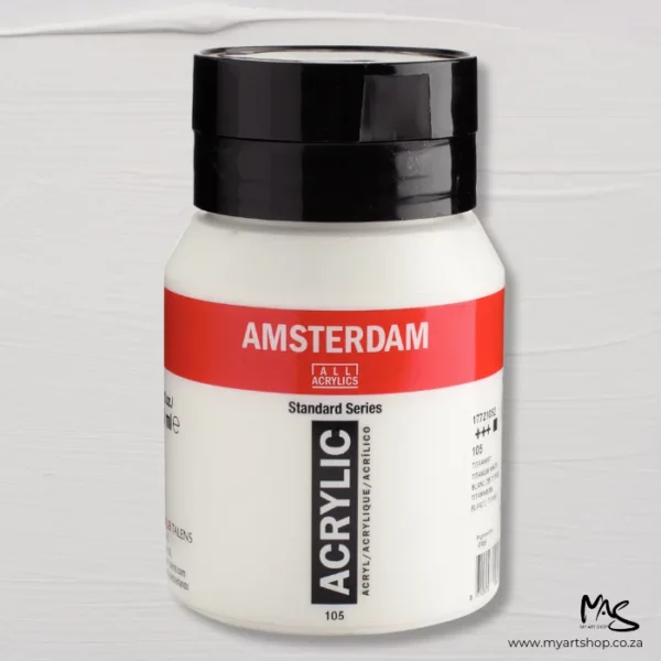 There is a single tub of Titanium White Amsterdam Acrylic Paint 500ml in the center of the frame. The jar is a clear plastic and you can see the white paint through the jar. There is a red band across the top of the jar with the logo printed in white. There is black text around the jar. The jar has a black, flip top, plastic lid. The image is center of the frame and on a white painted background.