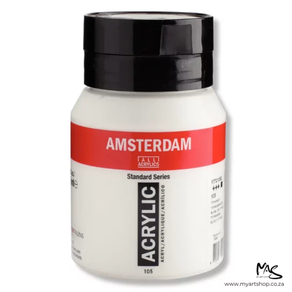 There is a single tub of Titanium White Amsterdam Acrylic Paint 500ml in the center of the frame. The jar is a clear plastic and you can see the white paint through the jar. There is a red band across the top of the jar with the logo printed in white. There is black text around the jar. The jar has a black, flip top, plastic lid. The image is center of the frame and on a white background.