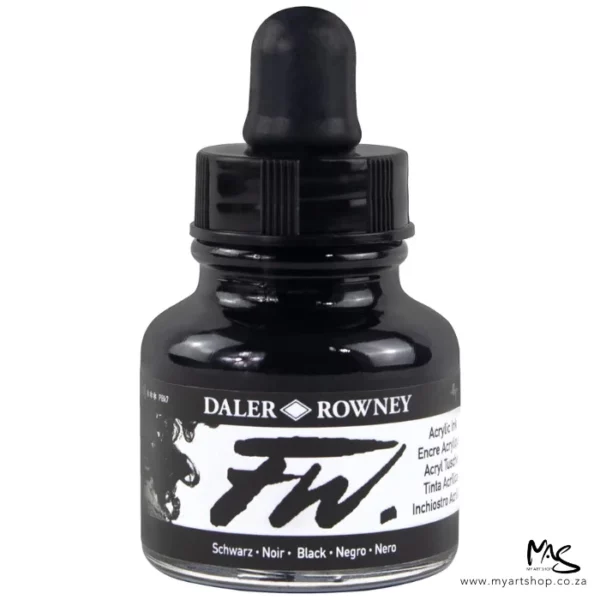 A single bottle of Black Daler Rowney FW Acrylic Ink can be seen in the center of the frame. The bottle is a clear glass and has a white label around the body of the bottle with black text. The text describes the colour of the ink and there is the brand name and fw logo on the label. The bottle has a black, plastic eye dropper lid. The image is on a white background.