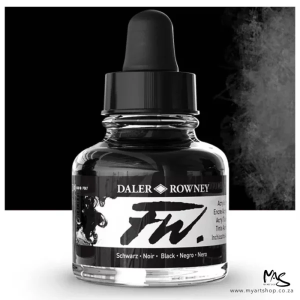 A single bottle of Black Daler Rowney FW Acrylic Ink can be seen in the center of the frame. The bottle is a clear glass and has a white label around the body of the bottle with black text. The text describes the colour of the ink and there is the brand name and fw logo on the label. The bottle has a black, plastic eye dropper lid. There is a colour block rectangle in the background, behind the bottle, which shows the colour of the ink. There is a slight shadow at the base of the bottle.