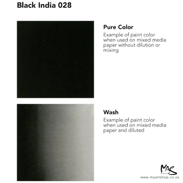 A colour chart for Black Daler Rowney FW Acrylic Ink. There are two colour block squares along the left hand side of the frame with text to the right of each square. The name of the colour is shown at the top of the frame. On a white background.