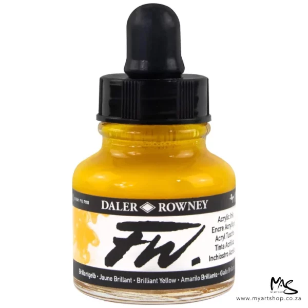 A single bottle of Brilliant Yellow Daler Rowney FW Acrylic Ink can be seen in the center of the frame. The bottle is a clear glass and has a white label around the body of the bottle with black text. The text describes the colour of the ink and there is the brand name and fw logo on the label. The bottle has a black, plastic eye dropper lid. The image is on a white background.