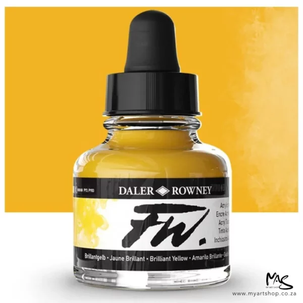 A single bottle of Brilliant Yellow Daler Rowney FW Acrylic Ink can be seen in the center of the frame. The bottle is a clear glass and has a white label around the body of the bottle with black text. The text describes the colour of the ink and there is the brand name and fw logo on the label. The bottle has a black, plastic eye dropper lid. There is a colour block rectangle in the background, behind the bottle, which shows the colour of the ink. There is a slight shadow at the base of the bottle.