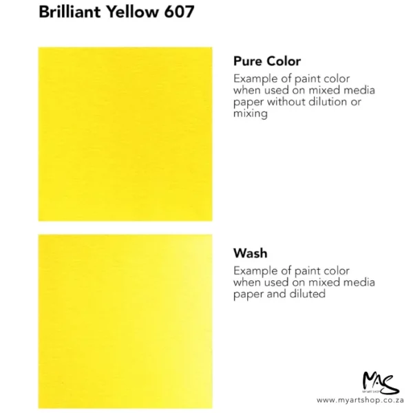 A colour chart for Brilliant Yellow Daler Rowney FW Acrylic Ink. There are two colour block squares along the left hand side of the frame with text to the right of each square. The name of the colour is shown at the top of the frame. On a white background.