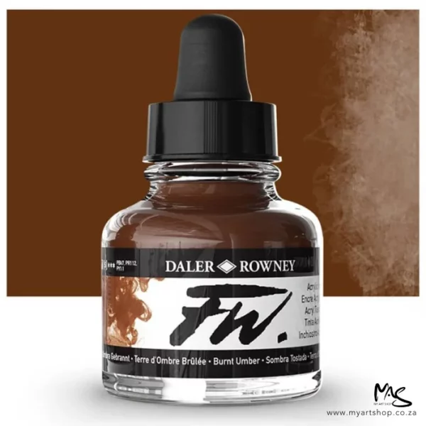 A single bottle of Burnt Umber Daler Rowney FW Acrylic Ink can be seen in the center of the frame. The bottle is a clear glass and has a white label around the body of the bottle with black text. The text describes the colour of the ink and there is the brand name and fw logo on the label. The bottle has a black, plastic eye dropper lid. There is a colour block rectangle in the background, behind the bottle, which shows the colour of the ink. There is a slight shadow at the base of the bottle.