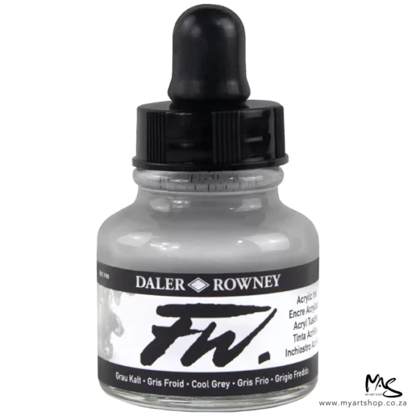 A single bottle of Cool Grey Daler Rowney FW Acrylic Ink can be seen in the center of the frame. The bottle is a clear glass and has a white label around the body of the bottle with black text. The text describes the colour of the ink and there is the brand name and fw logo on the label. The bottle has a black, plastic eye dropper lid. The image is on a white background.