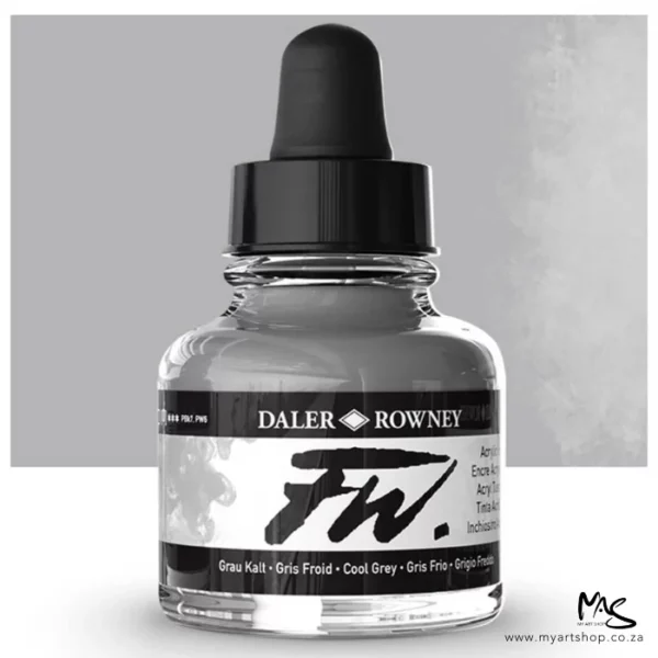 A single bottle of Cool Grey Daler Rowney FW Acrylic Ink can be seen in the center of the frame. The bottle is a clear glass and has a white label around the body of the bottle with black text. The text describes the colour of the ink and there is the brand name and fw logo on the label. The bottle has a black, plastic eye dropper lid. There is a colour block rectangle in the background, behind the bottle, which shows the colour of the ink. There is a slight shadow at the base of the bottle.