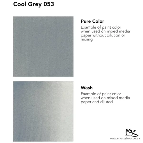 A colour chart for Cool Grey Daler Rowney FW Acrylic Ink. There are two colour block squares along the left hand side of the frame with text to the right of each square. The name of the colour is shown at the top of the frame. On a white background.