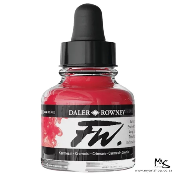 A single bottle of Crimson Daler Rowney FW Acrylic Ink can be seen in the center of the frame. The bottle is a clear glass and has a white label around the body of the bottle with black text. The text describes the colour of the ink and there is the brand name and fw logo on the label. The bottle has a black, plastic eye dropper lid. The image is on a white background.