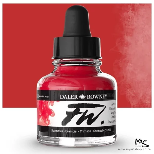 A single bottle of Crimson Daler Rowney FW Acrylic Ink can be seen in the center of the frame. The bottle is a clear glass and has a white label around the body of the bottle with black text. The text describes the colour of the ink and there is the brand name and fw logo on the label. The bottle has a black, plastic eye dropper lid. There is a colour block rectangle in the background, behind the bottle, which shows the colour of the ink. There is a slight shadow at the base of the bottle.