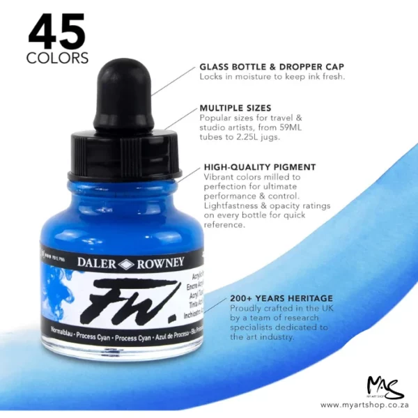 A promotional image for Daler Rowney FW Acrylic Ink. There is a single bottle of blue ink along the left hand side of the frame. The bottle is clear glass and you can see the ink inside. The bottle has a white label with black text. It has a black plastic eye dropper lid. There is text to the right of the bottle and lines pointing to different parts of the bottle describing the ink properties. There is a blue ink line running in the background of the frame. On a white background.