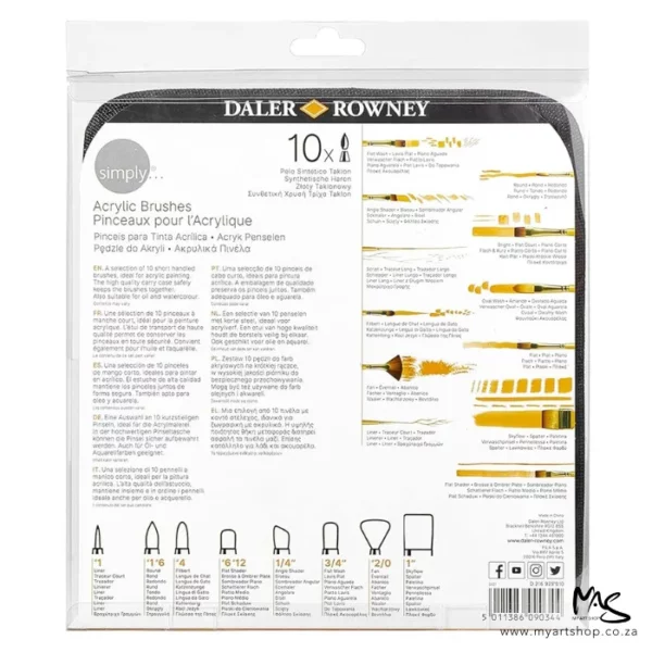The back of the packaging of a set of Daler Rowney Simply Acrylic Gold Taklon Brush Set in Zip Case. The packaging is clear plastic and there is a white label behind the plastic with the images of the brushes and text describing the brushes.