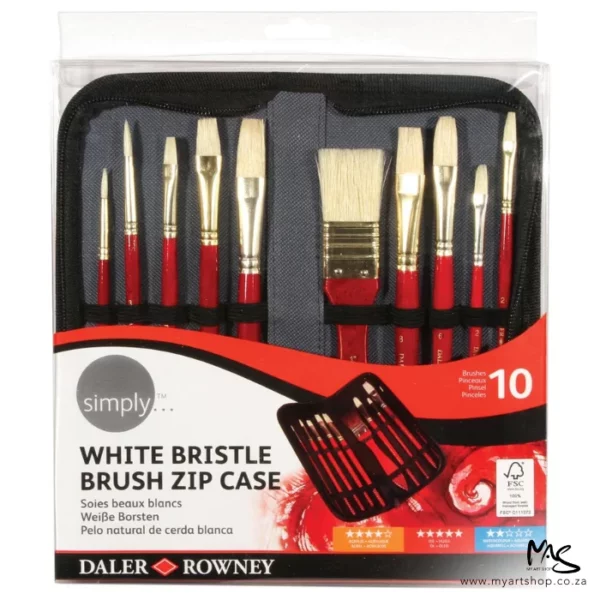 A front view of a Daler Rowney Simply Oil White Bristle Brush Set in Zip Case. The case is in it's packaging. The zippered case is open and you can see the brushes inside. The case is enclosed in a clear plastic hang pack packaging with a printed label at the bottom of the clear plastic. The label has an image of the set, the brand name and the details of the contents of the set. The zippered case is grey with a black zip and the brushes have a red handle and white hogs hair bristles. The image is center of the frame and on a white background.