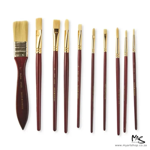 The brushes from the Daler Rowney Simply Oil White Bristle Brush Set in Zip Case can be seen lined up vertically next to each other in the frame. They have red handles, and white hogs hair bristles. They are on a white background. There are 10 brushes.