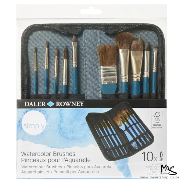 A front view of a Daler Rowney Simply Watercolour Natural Bristle Brush Set in Zip Case. The case is in it's packaging. The zippered case is open and you can see the brushes inside. The case is enclosed in a clear plastic hang pack packaging with a printed label at the bottom of the clear plastic. The label has an image of the set, the brand name and the details of the contents of the set. The zippered case is grey with a black zip and the brushes have a blue handle and natural hair bristles. The image is center of the frame and on a white background.