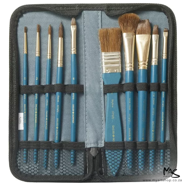 A front view of a Daler Rowney Simply Watercolour Natural Brush Set in Zip Case. The case is in it's packaging. The zippered case is open and you can see the brushes inside. The zippered case is grey with a black zip and the brushes have a blue handle and white natural bristles. There are small elastic pieces that hold the brushes in place. The image is center of the frame and on a white background.