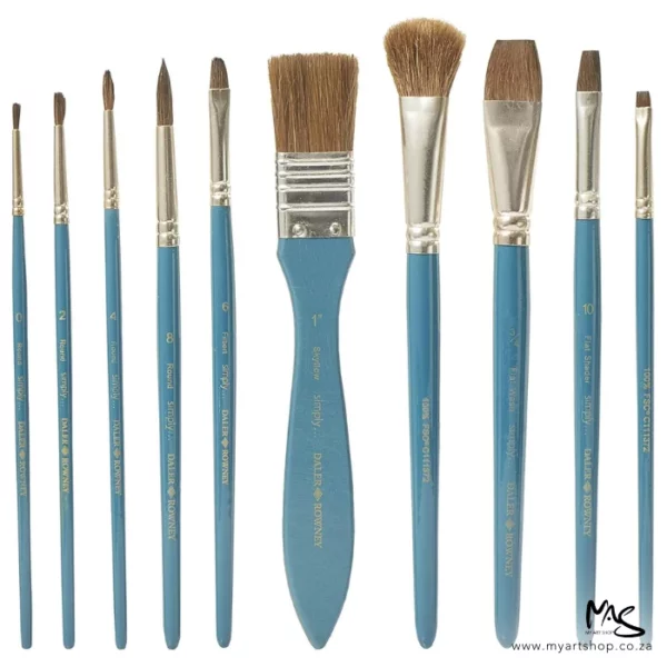 The brushes from the Daler Rowney Simply Oil White Bristle Brush Set in Zip Case can be seen lined up vertically next to each other in the frame. They have blue handles, and natural hair bristles. They are on a white background. There are 10 brushes.