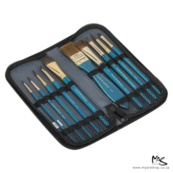 An open Daler Rowney Simply Watercolour Natural Brush Set in Zip Case is shown at a slight angle in the center of the frame. The case is grey with a black zip and the brushes have blue handles and natural hair bristles. Each paint brush is held in place with a small piece of elastic. The image is center of the frame and on a white background.