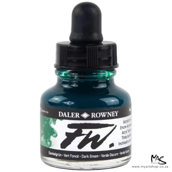 A single bottle of Dark Green Daler Rowney FW Acrylic Ink can be seen in the center of the frame. The bottle is a clear glass and has a white label around the body of the bottle with black text. The text describes the colour of the ink and there is the brand name and fw logo on the label. The bottle has a black, plastic eye dropper lid. The image is on a white background.