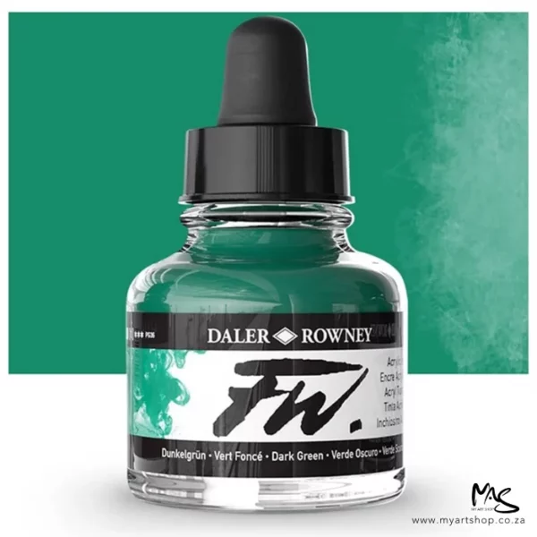 A single bottle of Dark Green Daler Rowney FW Acrylic Ink can be seen in the center of the frame. The bottle is a clear glass and has a white label around the body of the bottle with black text. The text describes the colour of the ink and there is the brand name and fw logo on the label. The bottle has a black, plastic eye dropper lid. There is a colour block rectangle in the background, behind the bottle, which shows the colour of the ink. There is a slight shadow at the base of the bottle.