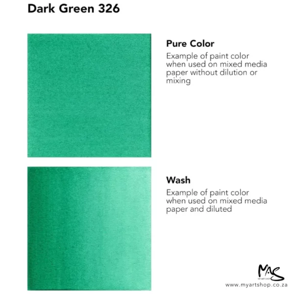 A colour chart for Dark Green Daler Rowney FW Acrylic Ink. There are two colour block squares along the left hand side of the frame with text to the right of each square. The name of the colour is shown at the top of the frame. On a white background.