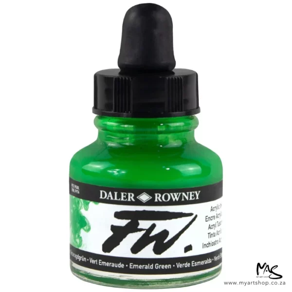 A single bottle of Emerald Green Daler Rowney FW Acrylic Ink can be seen in the center of the frame. The bottle is a clear glass and has a white label around the body of the bottle with black text. The text describes the colour of the ink and there is the brand name and fw logo on the label. The bottle has a black, plastic eye dropper lid. The image is on a white background.