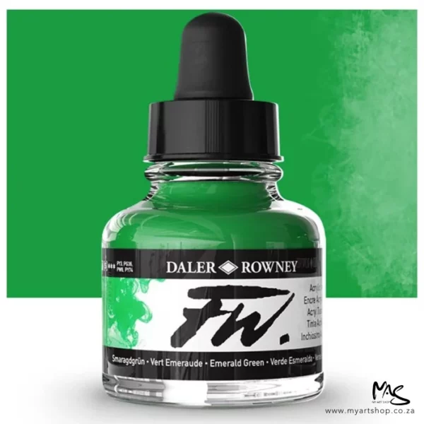 A single bottle of Emerald Green Daler Rowney FW Acrylic Ink can be seen in the center of the frame. The bottle is a clear glass and has a white label around the body of the bottle with black text. The text describes the colour of the ink and there is the brand name and fw logo on the label. The bottle has a black, plastic eye dropper lid. There is a colour block rectangle in the background, behind the bottle, which shows the colour of the ink. There is a slight shadow at the base of the bottle.