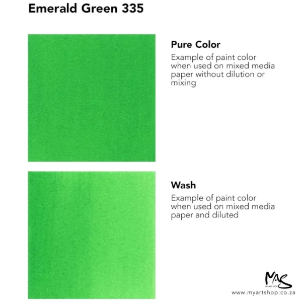 A colour chart for Emerald Green Daler Rowney FW Acrylic Ink. There are two colour block squares along the left hand side of the frame with text to the right of each square. The name of the colour is shown at the top of the frame. On a white background.